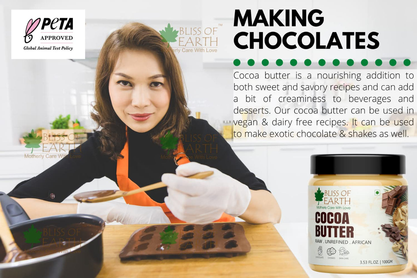 Bliss of Earth African Cocoa Butter, Rich in Fatty Acids and Antioxidants, Raw Cocoa Chocolate Butter, Vegan, PETA Approved, Moisturizes, Prevents Stretch Marks, Anti-Aging, 100 g,