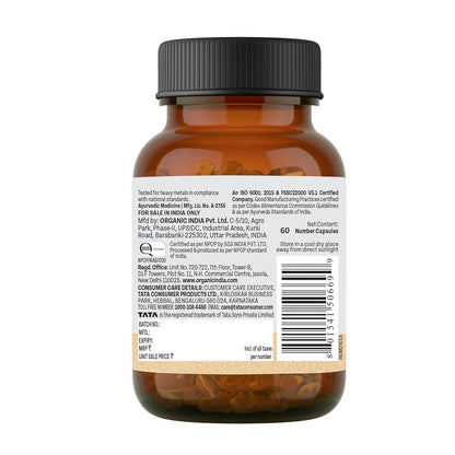 A TATA Product - Organic India Lipid Care - 60 Veg Capsules, Helps In Normal Cholesterol Levels & Lipid Levels, Lower Heart Rate & Blood Pressure, Naturally Rich In Antioxidants, GMP & NPOP Certified