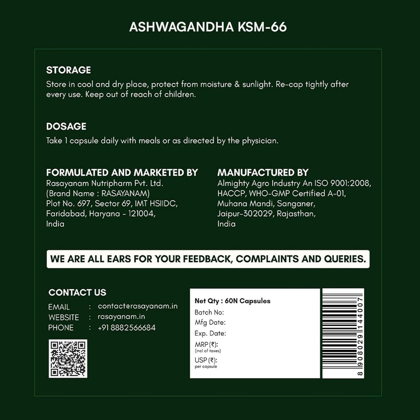 Rasayanam Ashwagandha KSM-66Â® | Clinically Proven 600mg Dosage | 5.1% Withanolides for Max Results | 100% Pure Root Extract | Stress Relief, Energy & Recovery Support | Worldâ€™s Strongest Ashwagandha | 60 Capsules