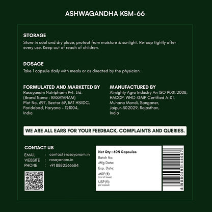 Rasayanam Ashwagandha KSM-66Â® | Clinically Proven 600mg Dosage | 5.1% Withanolides for Max Results | 100% Pure Root Extract | Stress Relief, Energy & Recovery Support | Worldâ€™s Strongest Ashwagandha | 60 Capsules