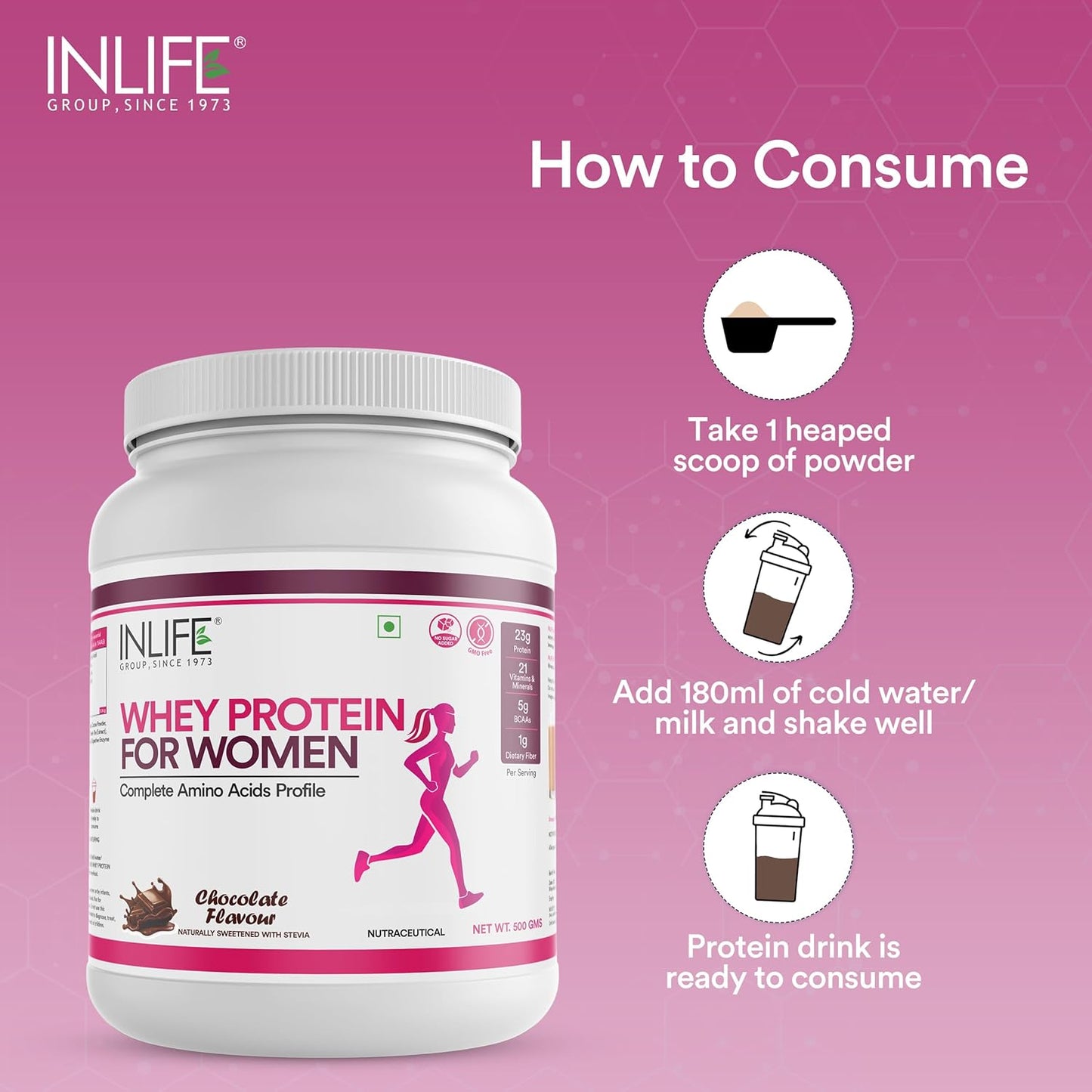 INLIFE Whey Protein Powder for Women | Ayurvedic Herbs, 23g Protein, 21 Vitamins Minerals, Omega 3 6, Digestive Enzymes, Hair Skin Nails 500g (500g, Chocolate)