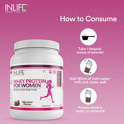 INLIFE Whey Protein Powder for Women | Ayurvedic Herbs, 23g Protein, 21 Vitamins Minerals, Omega 3 6, Digestive Enzymes, Hair Skin Nails 500g (500g, Chocolate)