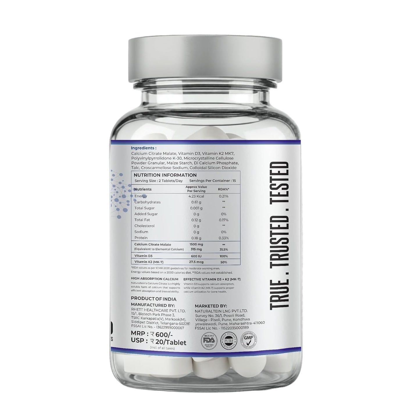 NATURALTEIN Calcium Citrate with Vitamin D3 & K2 (MK7) 60 Tablets | High-Absorption Calcium Supplement for Bone Health | No Additives | Vegan & Gluten-Free