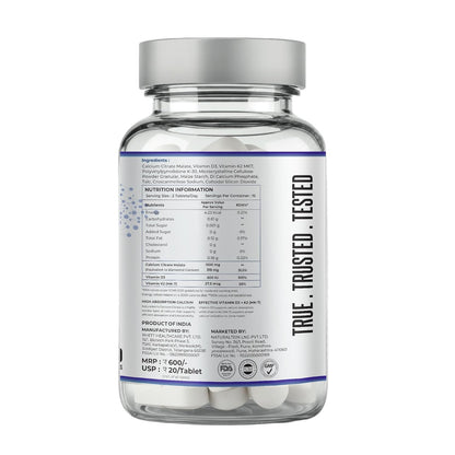 NATURALTEIN Calcium Citrate with Vitamin D3 & K2 (MK7) 60 Tablets | High-Absorption Calcium Supplement for Bone Health | No Additives | Vegan & Gluten-Free