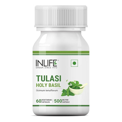 INLIFE Tulsi (Tulasi) Extract Capsules | Holy Basil | Pure Herbal Supplement | Natural Respiratory Wellness, 500mg â€“ 60 Vegetarian Capsules (Pack of 1, 60)