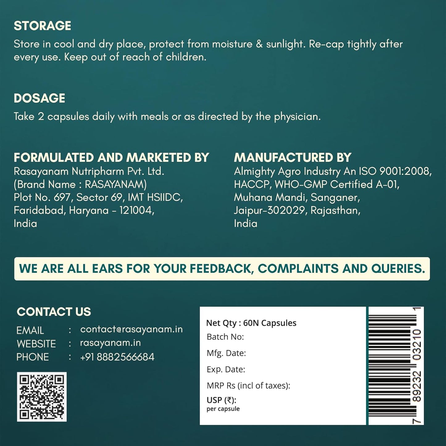 Rasayanam Plant Based Omega-3 Capsules, 1600mg | Gelatin Free, No Burps, No Fish Oil, Pure Algae | 450mg EPA & 150mg DHA, Better Joint & Heart Health | Vegetarian Omega 3 Supplement - 60 Capsules