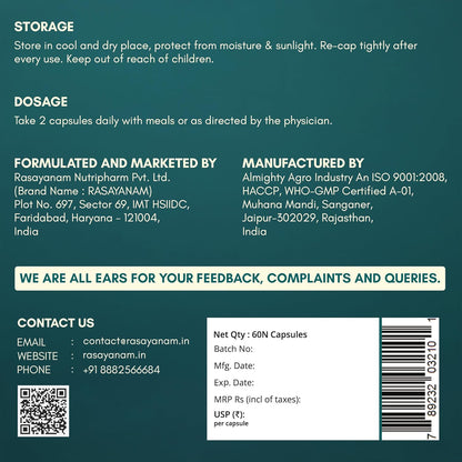 Rasayanam Plant Based Omega-3 Capsules, 1600mg | Gelatin Free, No Burps, No Fish Oil, Pure Algae | 450mg EPA & 150mg DHA, Better Joint & Heart Health | Vegetarian Omega 3 Supplement - 60 Capsules