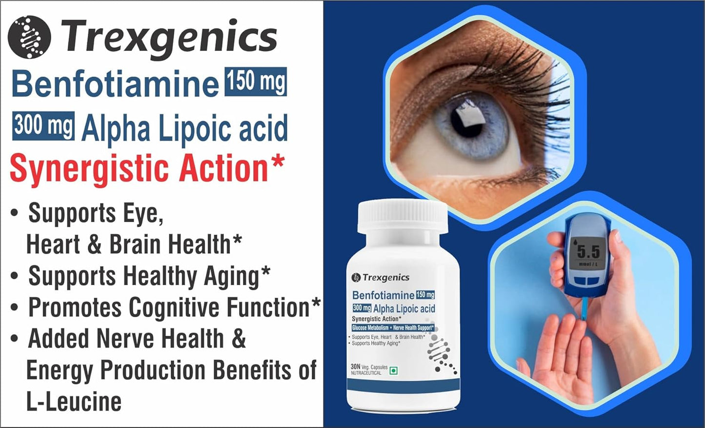Trexgenics BENFOTIAMINE 150 mg + ALPHA LIPOIC ACID 300 mg +15 mg L-Leucine Glucose Metabolism & Nerve Health VEGAN & NON-GMO (30 Veg. Capsules) (Pack of 1)