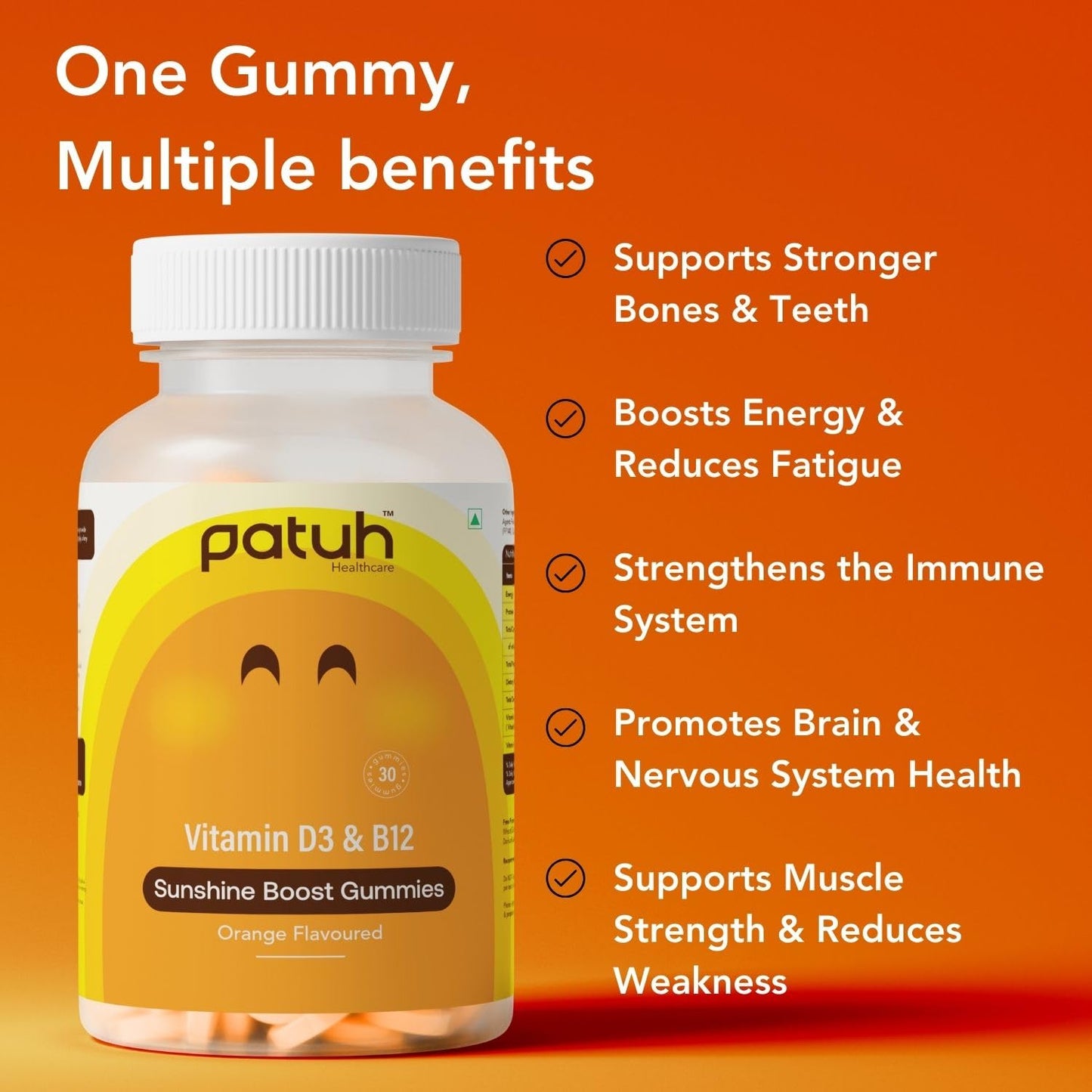 PATUH HEALTHCARE Vitamin D3 & B12 Gummies | 100% Vegetarian Formula | Sugar-Free Energy & Immunity Support Gummies for Men and Women | Orange Flavour Vegan Supplement | Pack of 1