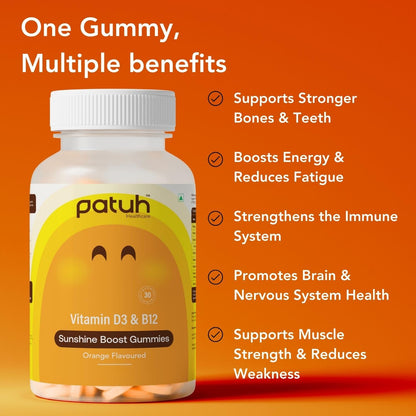 PATUH HEALTHCARE Vitamin D3 & B12 Gummies | 100% Vegetarian Formula | Sugar-Free Energy & Immunity Support Gummies for Men and Women | Orange Flavour Vegan Supplement | Pack of 1