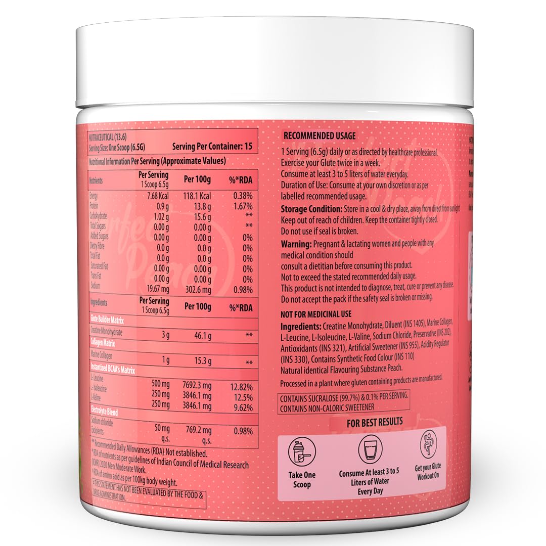 NATURYZ Perfect Peach 4-in-1 GLUTE BUILDER | Micronized Creatine Monohydrate for Women | Booty Gain Collagen | Vegan BCAA 2:1:1 | Electrolytes | Increase Lean Muscle Mass Gain â€“ 100g (Peach Flavour)