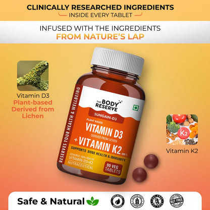 The Body Reserve Vitamin D3 K2 MK7-90 Veg Tablets, 100% RDA Plant-Based Vitamin D3 Supplement from Lichen Source with Vitamin K2 as MK7 Menaquinone