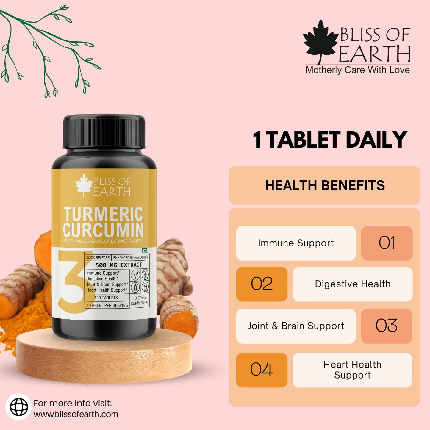 Bliss of Earth Turmeric Curcumin Tablets, 95% Curcuminoids, 500 mg Extract (Equivalent to 3700 mg Root Powder) High Potency, Quick Release & Enhanced Bioavailability., 60 Tablets