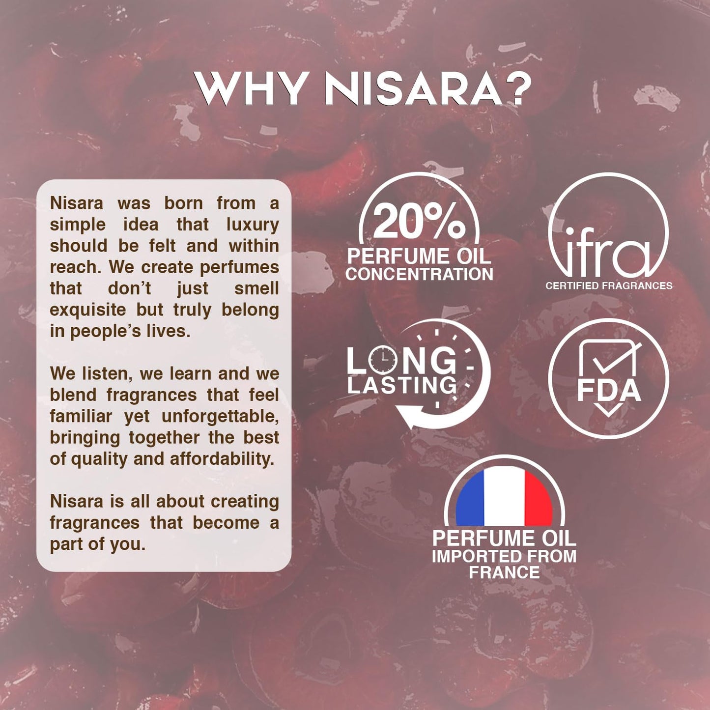 Nisara Cherry Bloom Gourmet Perfume For Woman 100 ml | Long Lasting Eau De Parfum | Fruity - Floral Fragrance With | Cherry, Plum, Tuberose, Vanilla, Musk, Amber, Sandalwood | EDP Scent spray for Women | Premium Perfume For Her
