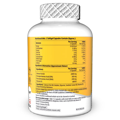 Naturyz Burpfree Salmon Fish Oil Capsules 2000Mg With Vitamin D3 | No Fishy Burps | Epa & Dha | Nano Emulsion Capsules For Faster Absorption & Superior Bioavailability -90 Softgels, 100 grams