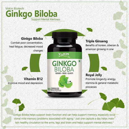 Vokin Biotech Ginkgo Biloba with Brahmi Boosts Concentration & Learning Activities 90 Capsules