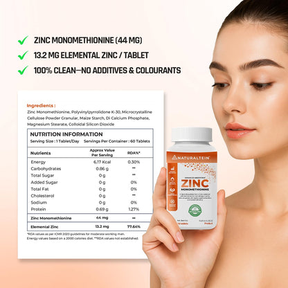 NATURALTEIN â€“ Zinc Monometheonine (60 Tablets) | 44 mg of pure zinc monomethionine, 12 mg of elemental zinc in each tablet | Tested and free from Heavy Metals