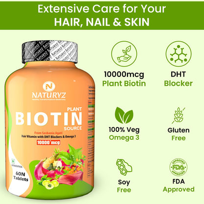 NATURYZ 100% Plant Based Biotin Tablets with High Protein Vitamin DHT Omega 3 for Strong Hairs,Nails Growth & Glowing Skin - 60 Tablets, 100 grams