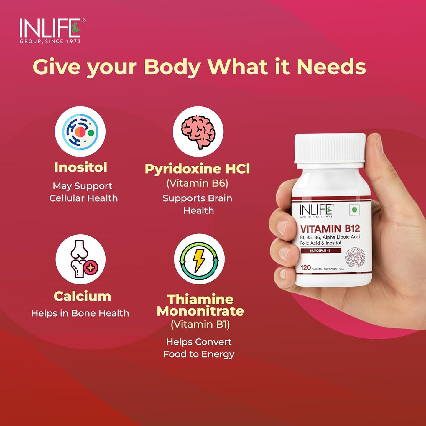 INLIFE Vitamin B12 With Alpha Lipoic Acid, Folic Acid, Inositol, B1, B5 & B6 Supplements Tablet, Supports Nerve Health, Immunity for Men & Women - 120 Tablets (Vit B12, Pack of 1)