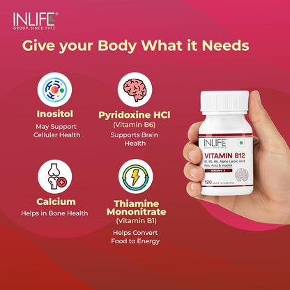 INLIFE Vitamin B12 With Alpha Lipoic Acid, Folic Acid, Inositol, B1, B5 & B6 Supplements Tablet, Supports Nerve Health, Immunity for Men & Women - 120 Tablets (Vit B12, Pack of 1)