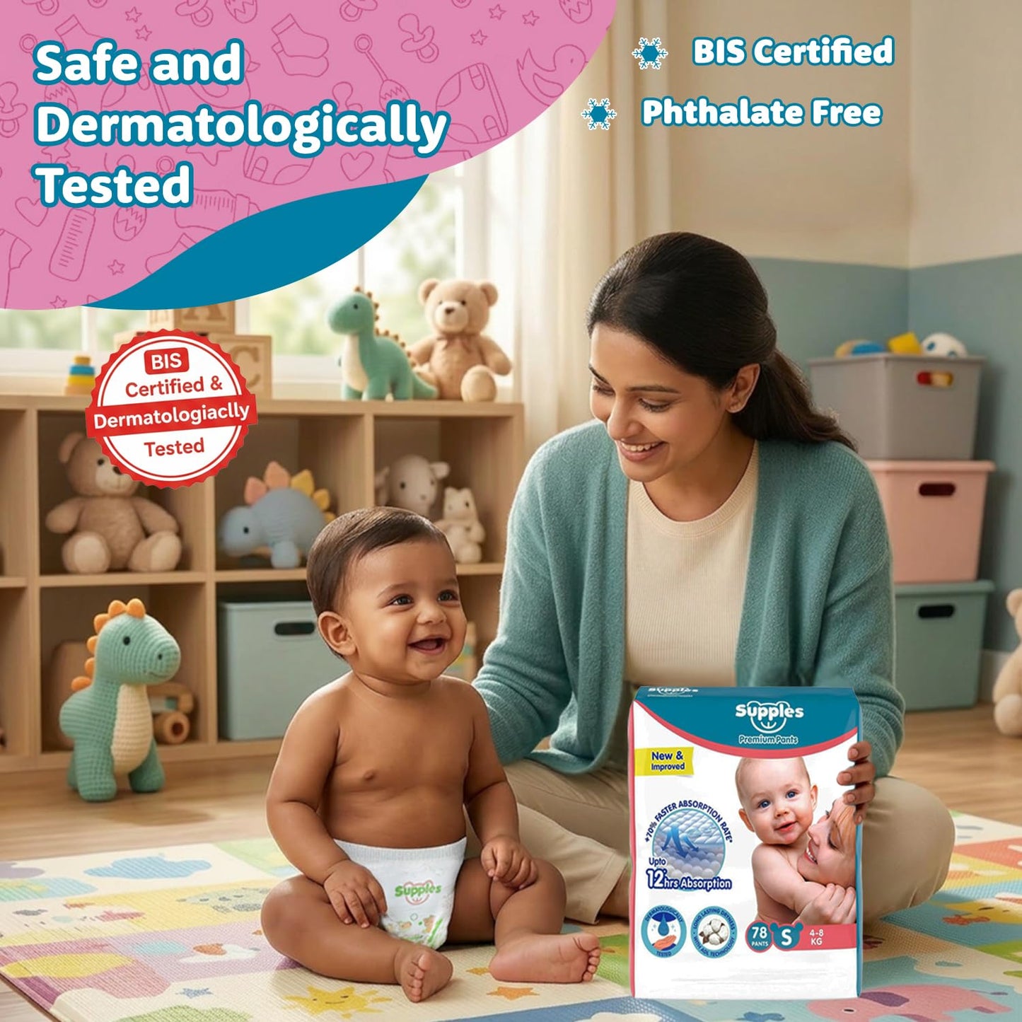 Supples Premium Baby Diaper Pants | 78 Baby Diapers | Small | 4-8 Kg | 12 Hrs Absorption | Cushiony Cotton Soft Fabric | Phthalates-Free | Triple Leak Guard