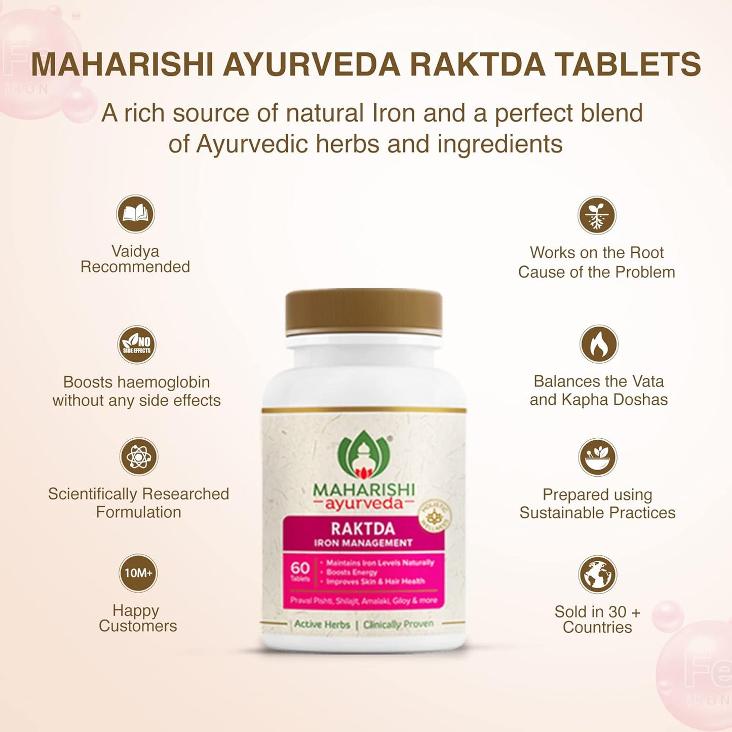 Maharishi Ayurveda Raktda Iron Management Tablets For Men&Women | Ayurvedic Iron Supplement With Vitamin C&Calcium | Maintains Haemoglobin Levels | Boosts Energy | Improves Skin&Hair Health | 60 Tablets