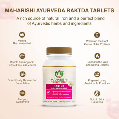 Maharishi Ayurveda Raktda Iron Management Tablets For Men&Women | Ayurvedic Iron Supplement With Vitamin C&Calcium | Maintains Haemoglobin Levels | Boosts Energy | Improves Skin&Hair Health | 60 Tablets