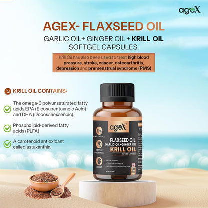 Flex Power Capsules: Flaxseed, Garlic, Ginger & Krill Oil - 60 Softgel Capsules | Nutritional Powerhouse for Vitality, Immunity, and Heart Health (Pack of 1)