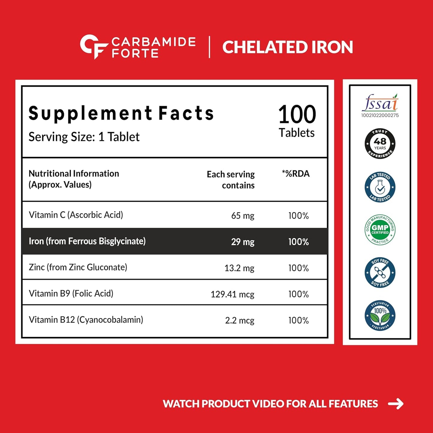 Carbamide Forte Chelated Iron Supplement for Women and Men | Folic Acid Tablets for Pregnancy | Hemoglobin Booster | 100 Veg Tablets for Hair Growth with Iron Bisglycinate