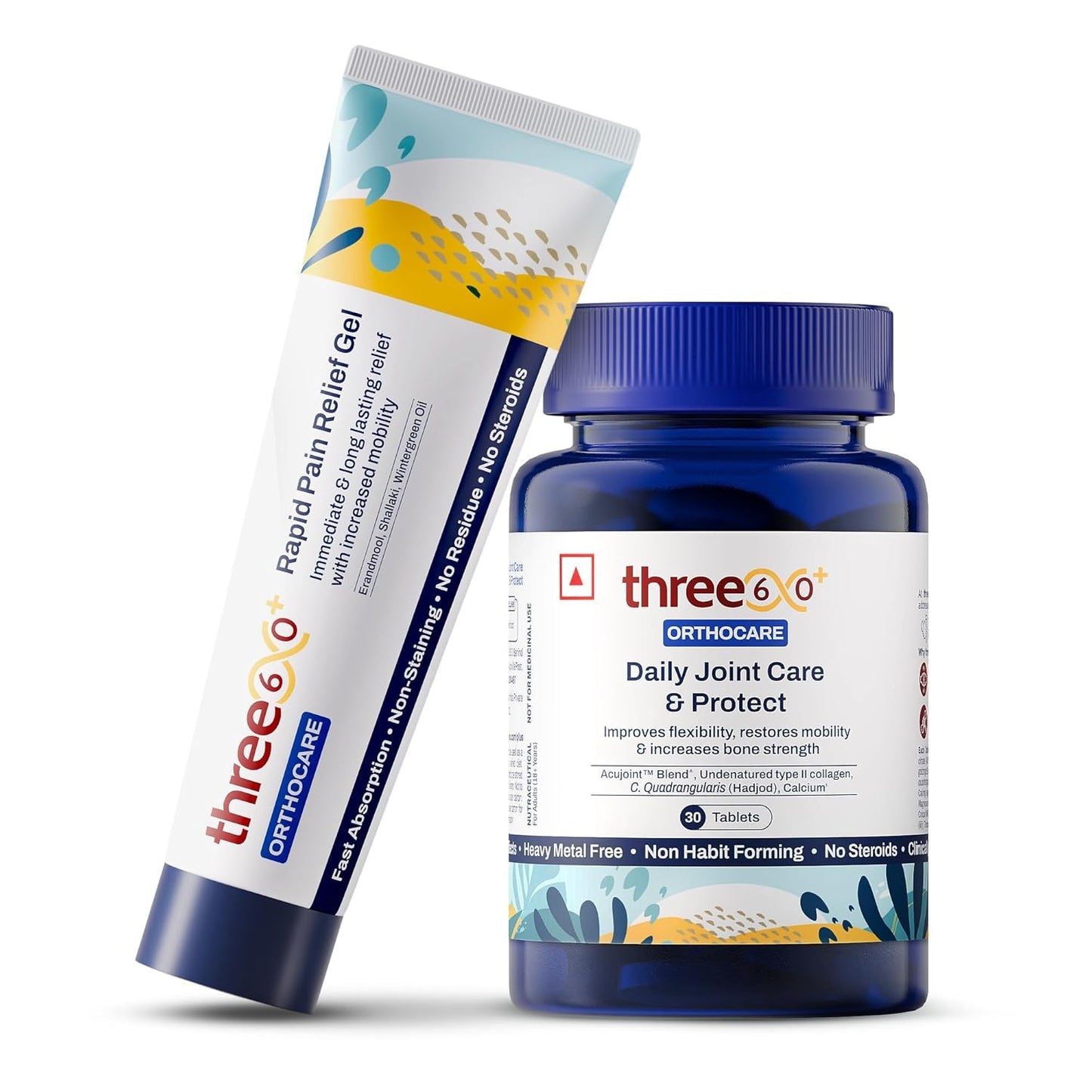 three60+ Daily Joint Care & Pain Relief Combo (60 Tablets+50g Gel) | Improves Bone Strength, Promotes Cartilage Repair, Provides Immediate & Long-Lasting Pain Relief | Non-Habit Forming