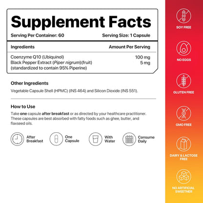 Decode Age CoQ10 (Coenzyme Q10) with Piperine 5mg for High Absorption | Ubiquinol Formula Supports Heart & Vascular Health, Cellular Energy & Healthy Ageing | 60 Capsules, 2 Month Supply