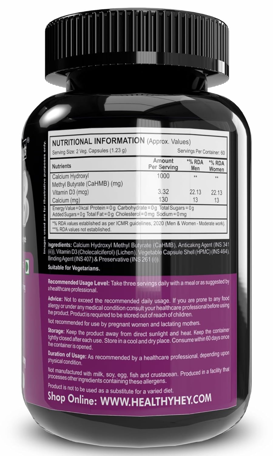HealthyHey Sports HMB Calcium Hydroxyl Methyl Butyrate 1000mg/serving (120 Capsules) - 500mg Per Capsule, 60 Servings - Gluten Free and Non-GMO