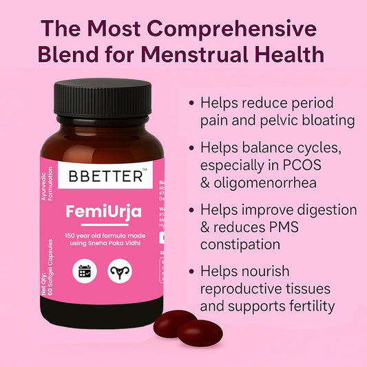 BBETTER FemiUrja | Ayurvedic Menstrual Health Support with Saptasaram Ghrutham â€“ Hormonal Balance, PMS Relief & Digestive Support â€“ 60 Softgels