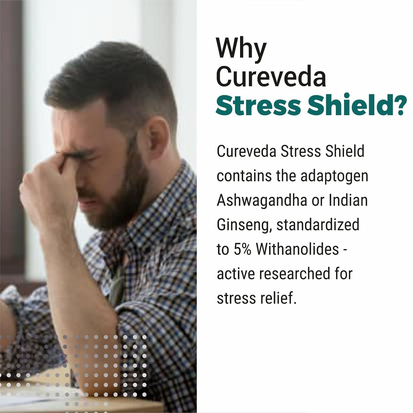 Cureveda Herbal Stress Shield Tablets- Support for Stress, Fatigue and Tension (Gold standard Ashwagandha, Brahmi, Jatamansi- General Wellness- 60 Tablets