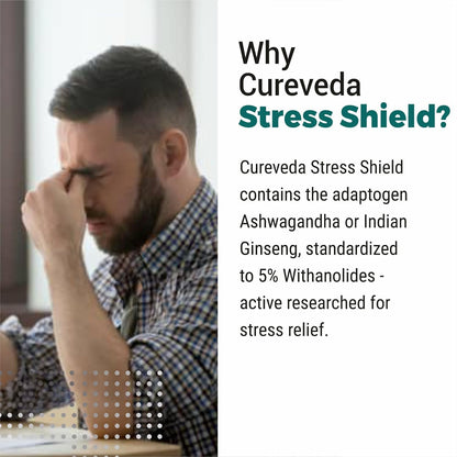 Cureveda Herbal Stress Shield Tablets- Support for Stress, Fatigue and Tension (Gold standard Ashwagandha, Brahmi, Jatamansi- General Wellness- 60 Tablets