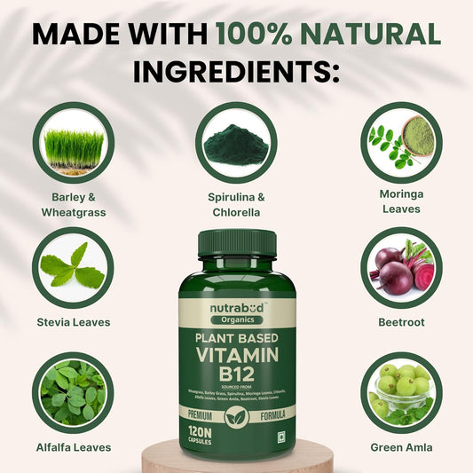 Nutrabud Organics Plant Based Vitamin B12 Supplement for Men, Women - 120 Capsules - 100% RDA of Natural B12 for High Absorption (120 Count (Pack of 1))