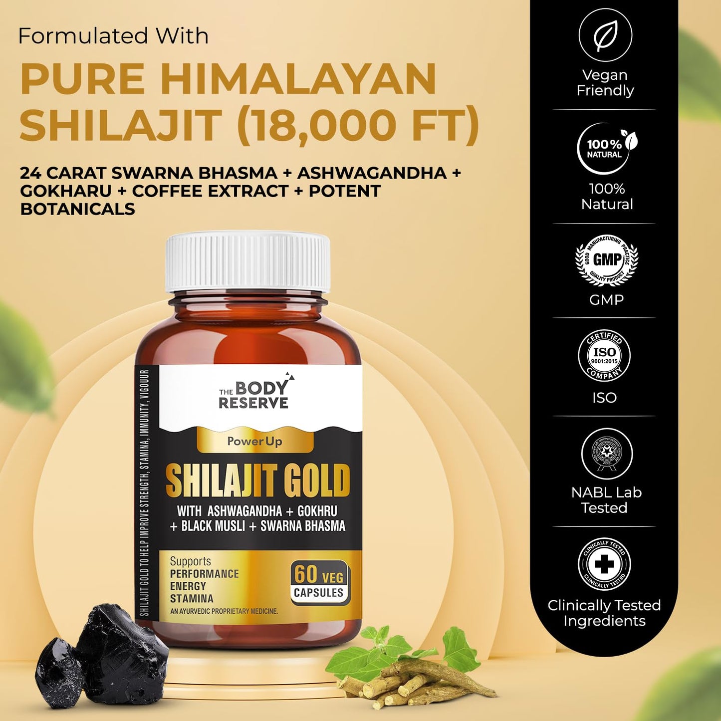 The Body Reserve Shilajit Gold Capsules For Men Himalayan Shilajeet With 24 Carat Gold, Gokshura, Ashwagandha, Kali Musli & Other Herbs For Stamina, Muscle Growth & Energy Ayurvedic 60 Veg Capsules
