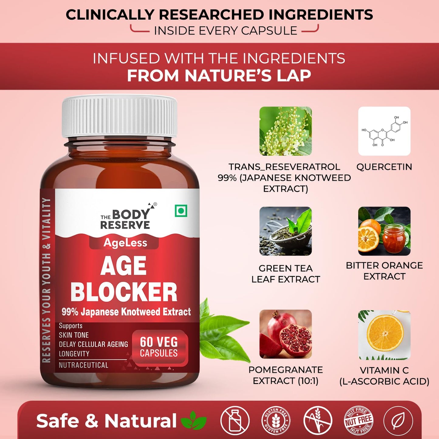 The Body Reserve Age Blocker â€“ Trans-Resveratrol 99% Japanese Knotweed Extract | Quercetin, Green Tea, Bitter Orange & Pomegranate | Powerful Antioxidant & Anti-Aging Supplement 60 Veg Capsules