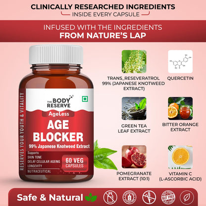 The Body Reserve Age Blocker â€“ Trans-Resveratrol 99% Japanese Knotweed Extract | Quercetin, Green Tea, Bitter Orange & Pomegranate | Powerful Antioxidant & Anti-Aging Supplement 60 Veg Capsules