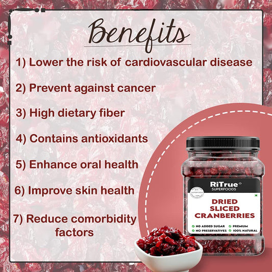 RiTrue - Dried Sliced Cranberry - 250 Gm Jar - Vegan, Non-GMO, Gluten Free | USA Cranberries Dry Fruits