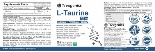 Trexgenics L-TAURINE 750 mg Nervous System, Energy, Heart, Cardiovascular system, Brain, Eye Health Support (60 Vcaps) (Pack of 1)