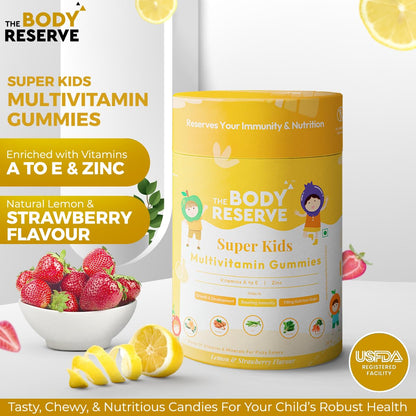 The Body Reserve's Multivitamin Gummies For Kids With 10 Vitamins & Minerals Helps Kids Growth, Strong Bones & Teeth, Improves Immunity, Antibody Production Lemon & Strawberry Flavour 30 Gummies