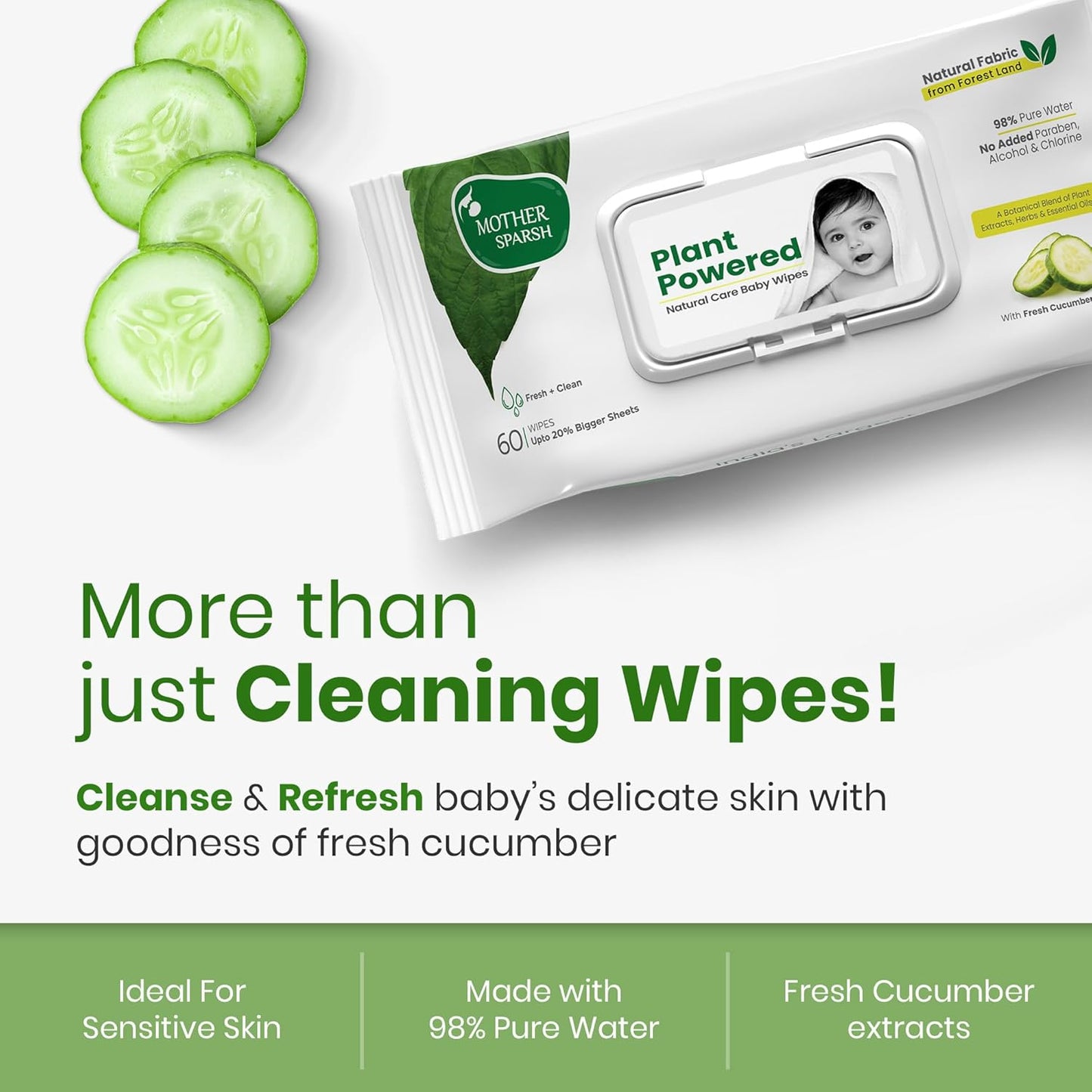 Mother Sparsh Natural Care Baby Wipes I 100% Plant Made Fabric From Forest Land, Fresh + Cleanse (with Cucumber) Plant Powered Wet Wipes For Baby I Cotton Cloth Like Bigger Sheets | 60 Pcs