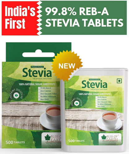 Bliss of Earth Stevia 500 Tablets Sugar free Pellets Zero Calorie Sweetener Diabetic and Keto Friendly Zero Calorie Keto Sweetener, Organic Quick Dissolve 99.8% REB-A Purity