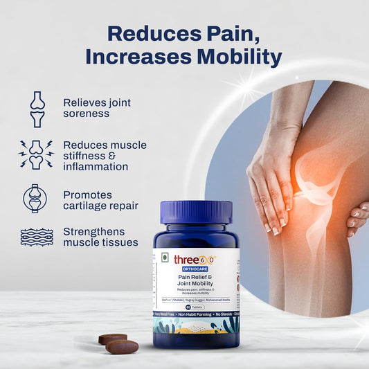 three60+ PAIN RELIEF & JOINT MOBILITY tablets | Reduces Joint Pain & Stiffness | Improves Flexibility | BosPure, Yograj Guggul, Maharasnadi Kwatha, Curcumin | Non-Habit Forming | 60 Tablets
