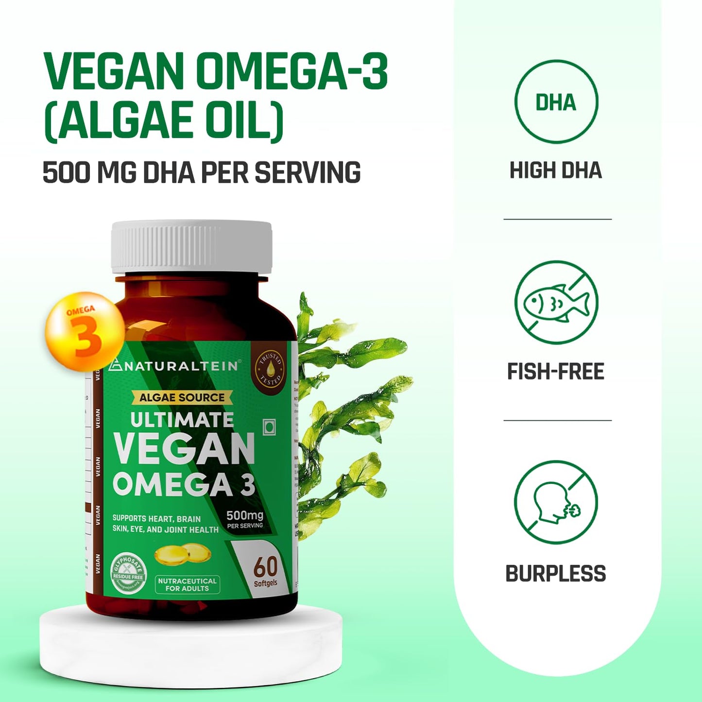 Naturaltein Ultimate Vegan Omega 3 (60 Softgels) | Algae Source DHA | 1000 mg Algae Oil & 500 mg DHA Per Serving | Plant-Based Omega 3 | Heavy Metal Tested