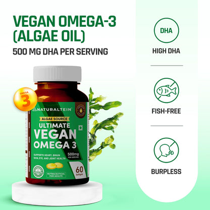 Naturaltein Ultimate Vegan Omega 3 (60 Softgels) | Algae Source DHA | 1000 mg Algae Oil & 500 mg DHA Per Serving | Plant-Based Omega 3 | Heavy Metal Tested