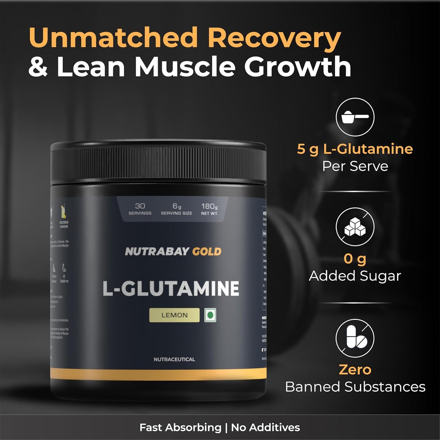 Nutrabay Gold L-Glutamine Supplement Powder 180g, Lemon Flavor â€“ Post Workout Amino Acid for Muscle Growth & Recovery | 100% Authentic Supplement | No Banned Substances | Tested for Purity