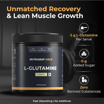 Nutrabay Gold L-Glutamine Supplement Powder 180g, Lemon Flavor â€“ Post Workout Amino Acid for Muscle Growth & Recovery | 100% Authentic Supplement | No Banned Substances | Tested for Purity