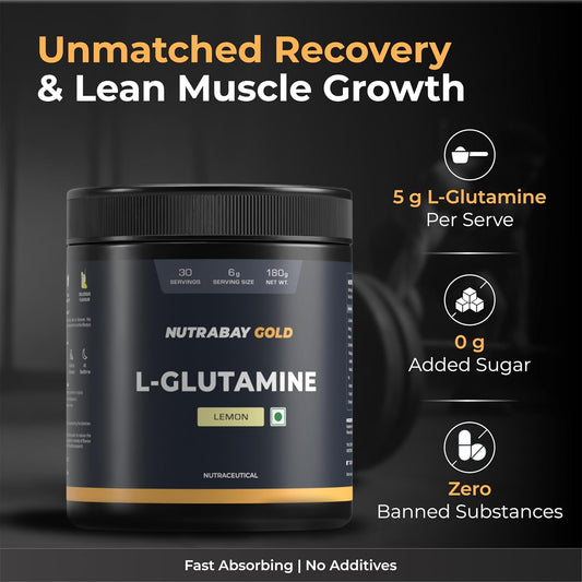 Nutrabay Gold L-Glutamine Supplement Powder 180g, Lemon Flavor â€“ Post Workout Amino Acid for Muscle Growth & Recovery | 100% Authentic Supplement | No Banned Substances | Tested for Purity